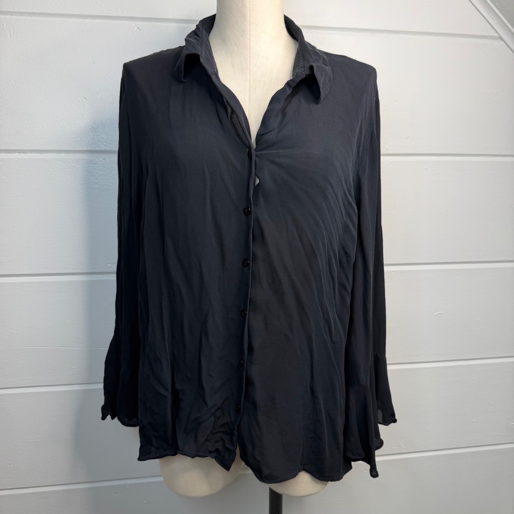 Vintage Venezia 22/24 100% Silk‎ Black Whimsygoth Blouse Long Bell Sleeve